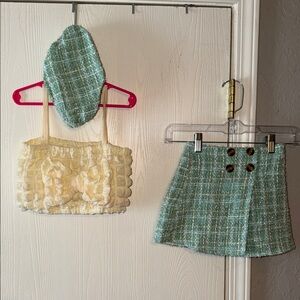 Green and Cream Tweed Skirt Set with Headband